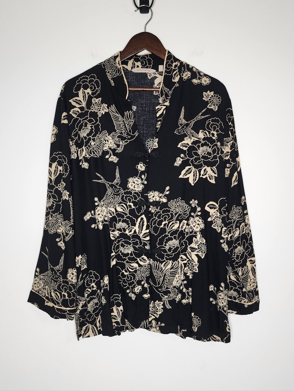 Soft Surroundings Black Floral-Print Women’s Toggel Closure Blouse Large Casual